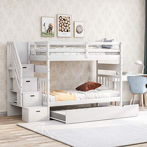 Twin Over Twin/Full Bunk Bed with Trundle and Drawers, Solid Wood Staircase T72769