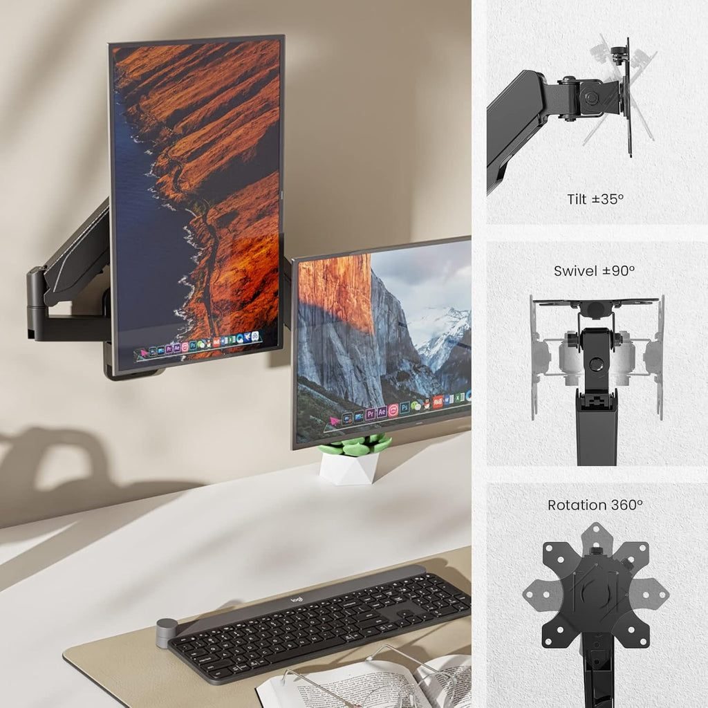 Dual Monitor Wall Mount, Gas Spring Arm for 17-32 Inch Screens, Full Motion Adjustable, Black T1803