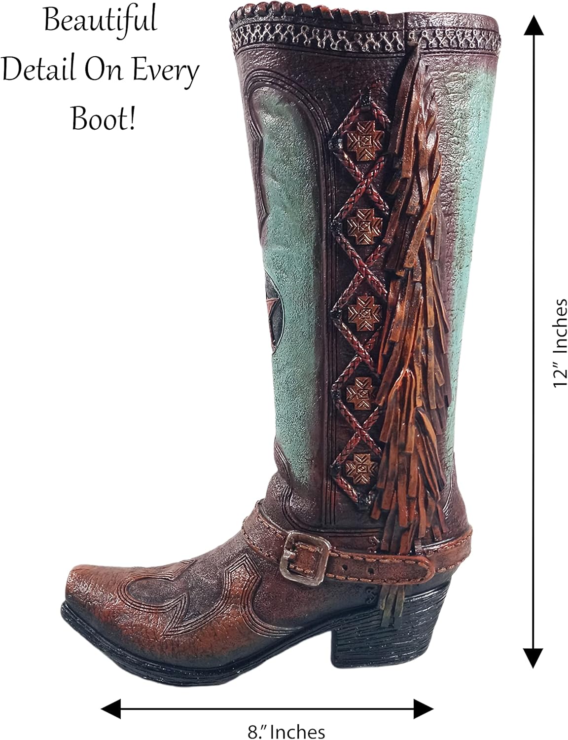 Cowboy Boot Flower Vase 12 Inch Brown Teal Tassel N4486