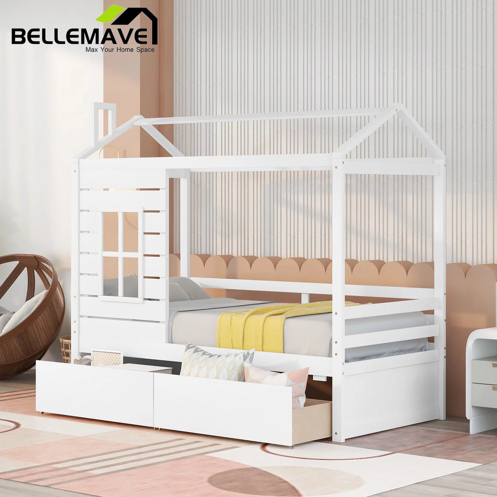 Twin Size House Bed with Drawers and Guard Rails O549