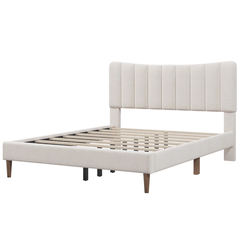 Upholstered Queen Platform Bed with Tufted Headboard, Solid Wood Legs, No Box Spring Needed A948666