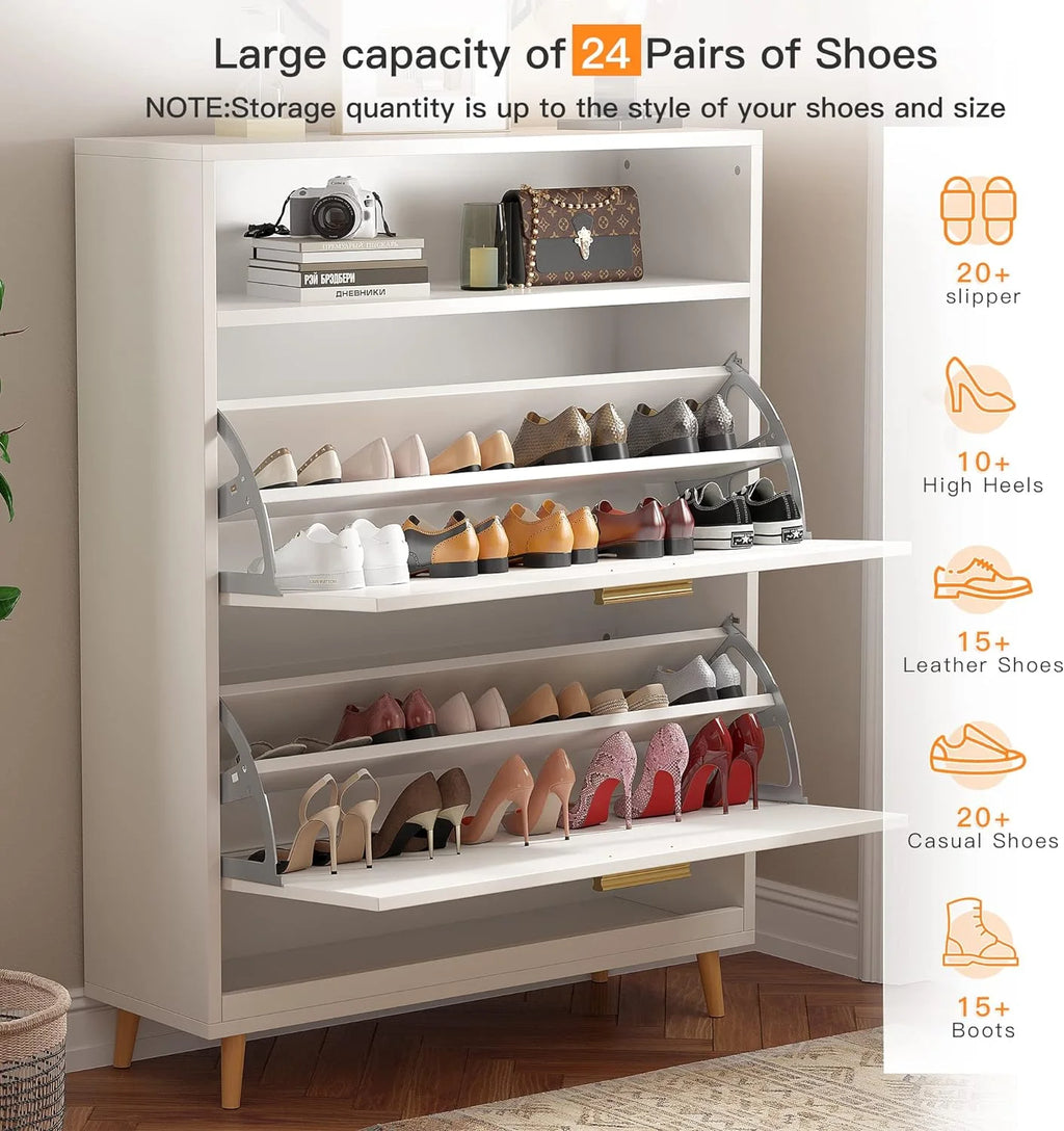 Slim Shoe Cabinet with 2 Flip Drawers for Entryway, White Z571