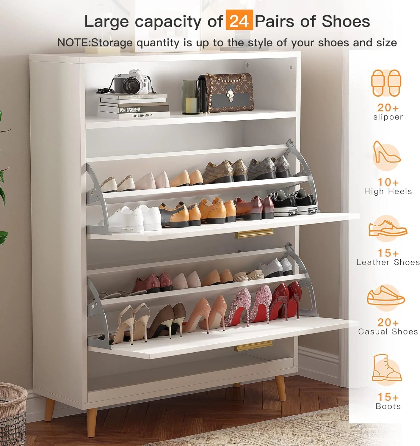 Slim Shoe Cabinet with 2 Flip Drawers for Entryway, White Z571
