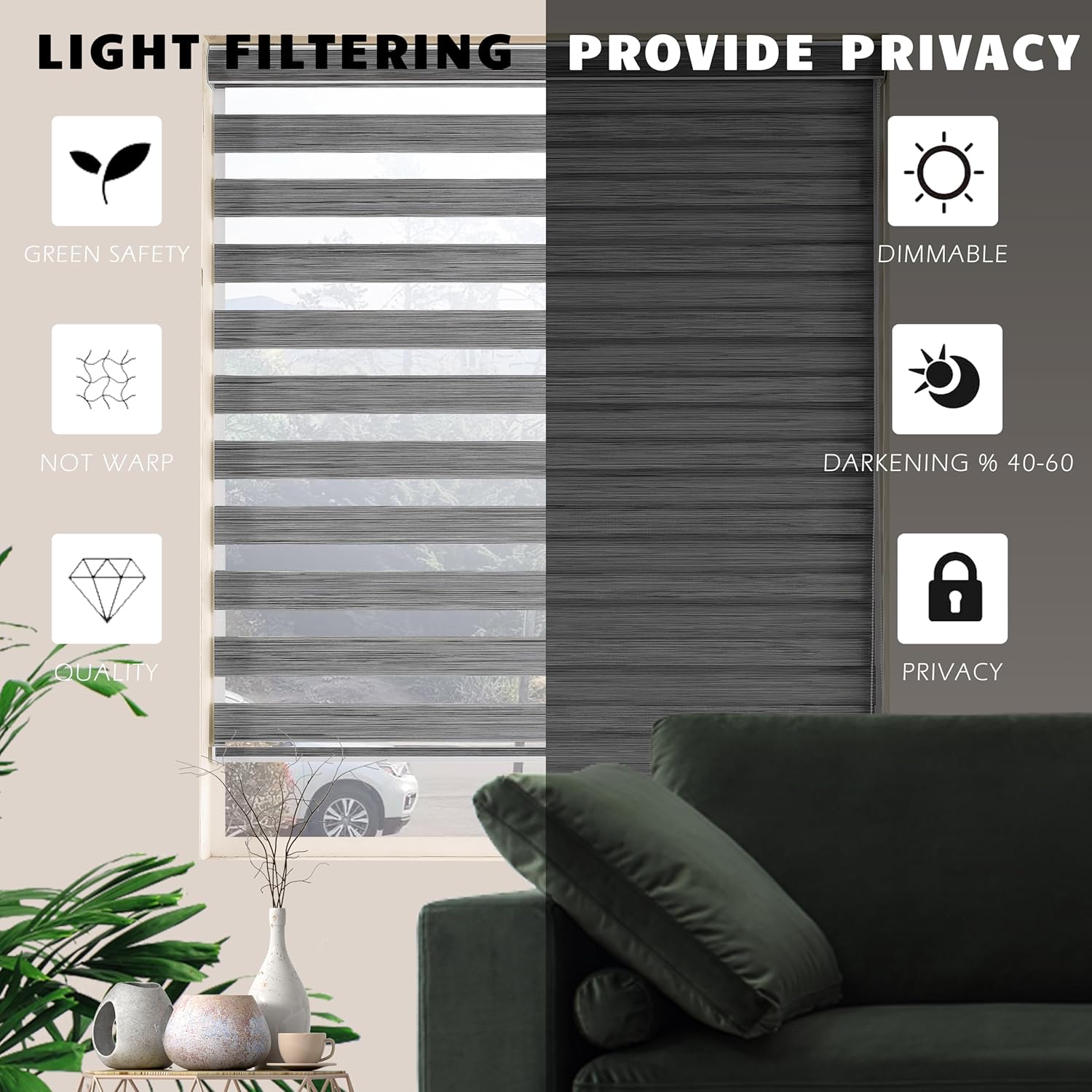 Zebra Window Blinds Dual Layer Roller Shade Grey Z912