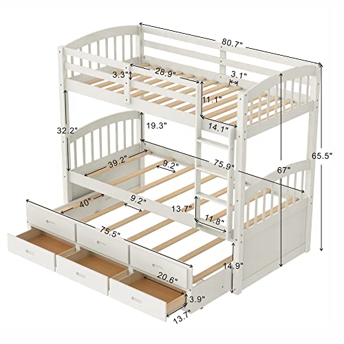 Twin Over Twin Bunk Bed with Storage Drawers and Trundle, Solid Wood Frame G366