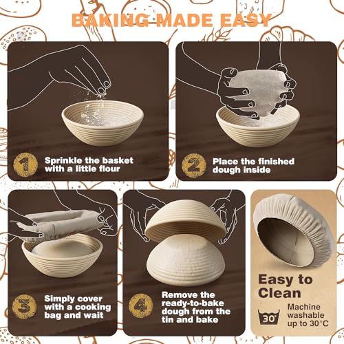 Bread Proofing Basket Set with Linen Liner, Dough Scraper and Whisk Y326