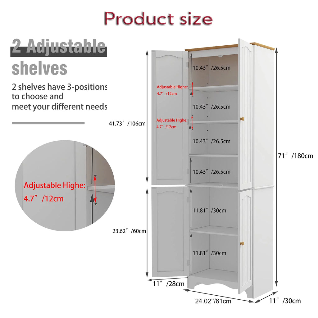 72" Tall Kitchen Pantry Cabinet with 4 Doors and 2 Adjustable Shelves, White and Honey O120266