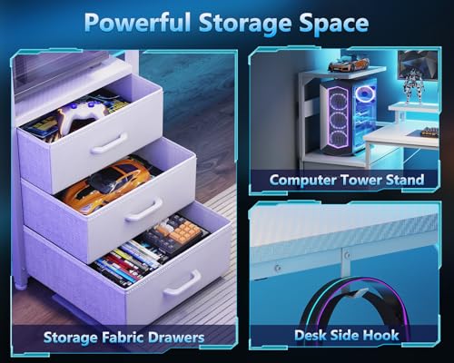 Gaming Desk with USB Charging Ports & LED Light, Reversible Computer Desk with Storage Shelves T781