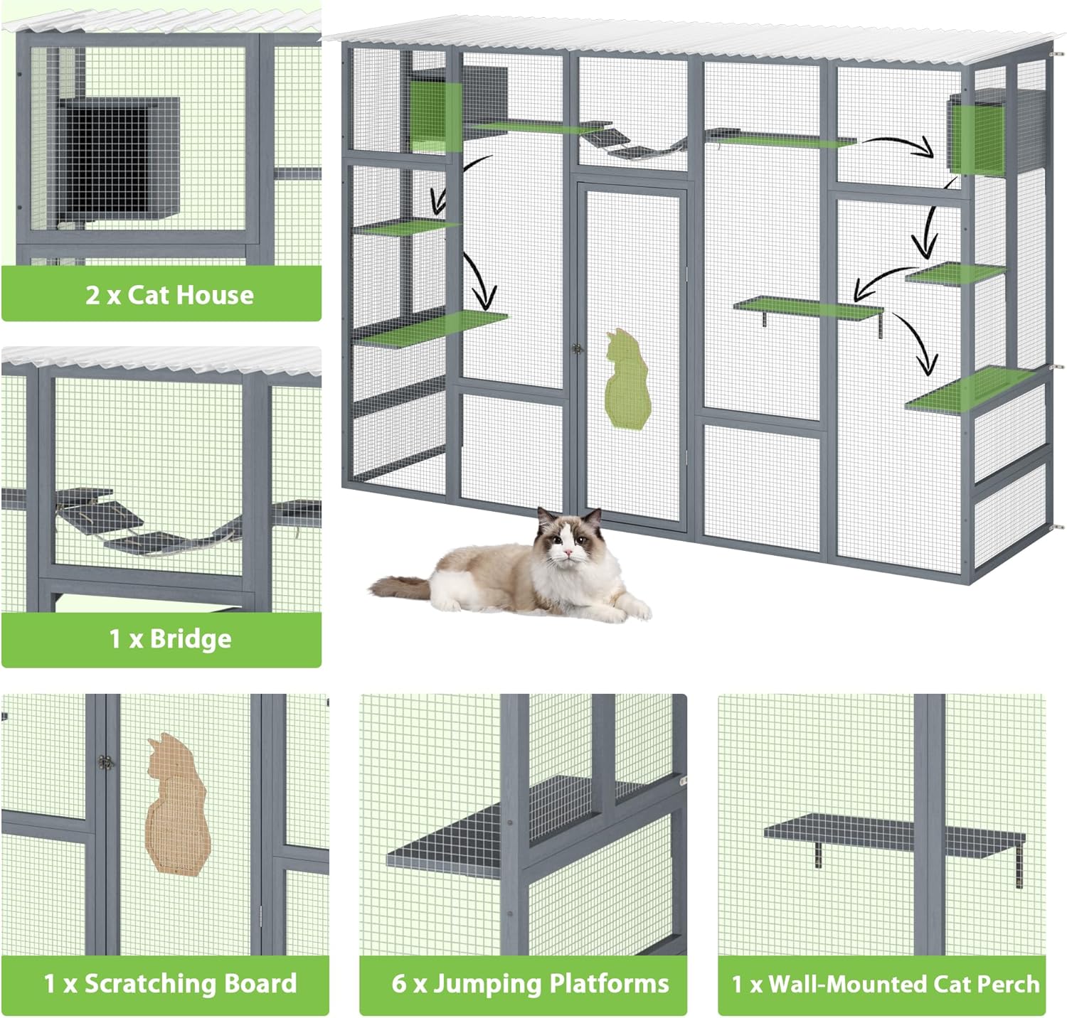 Outdoor Cat Enclosure with Weather Protection Roof, Grey M614