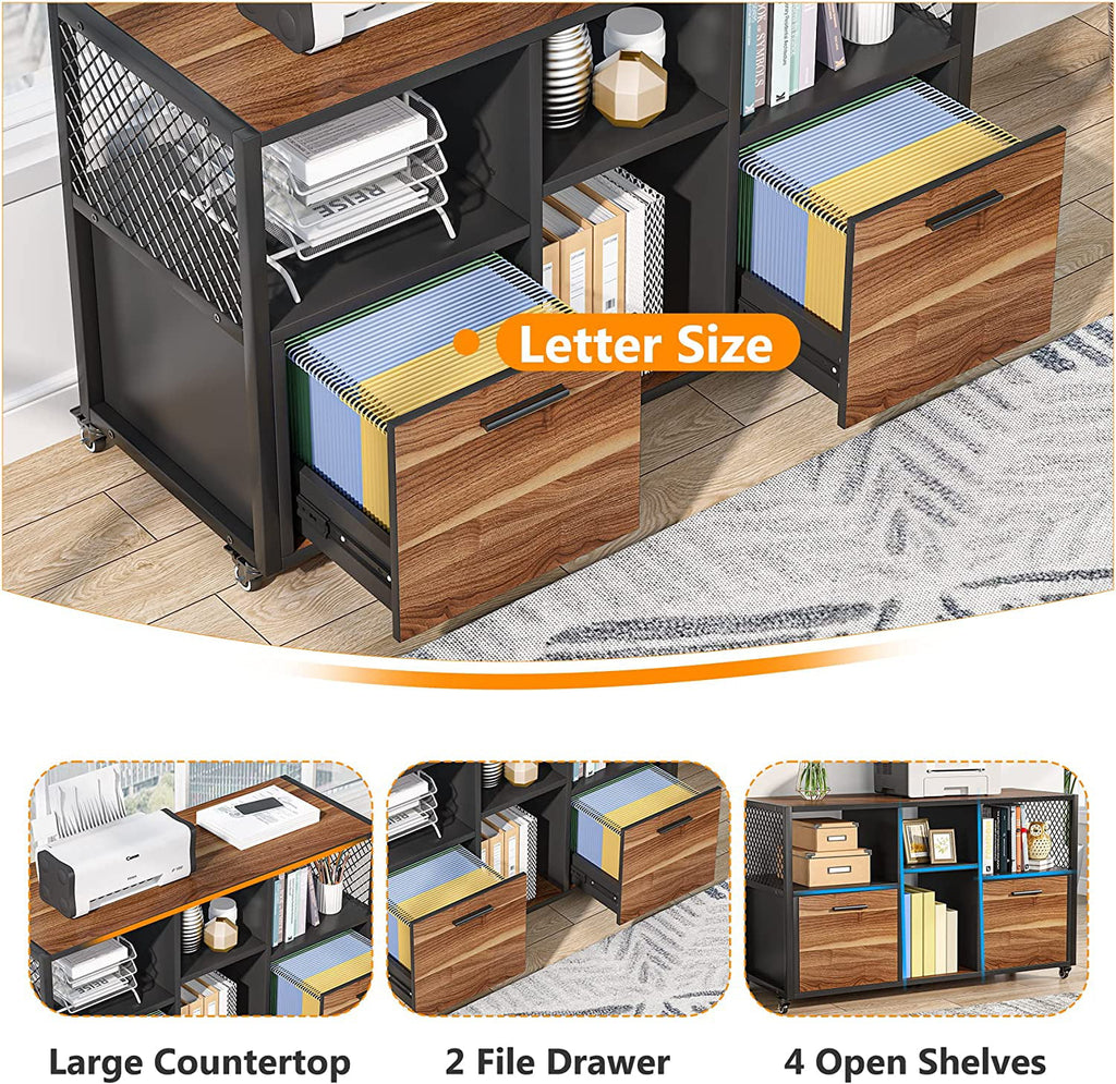 2 Drawer Wood File Cabinet, Mobile Lateral Filing Cabinet, Rustic Brown B224900