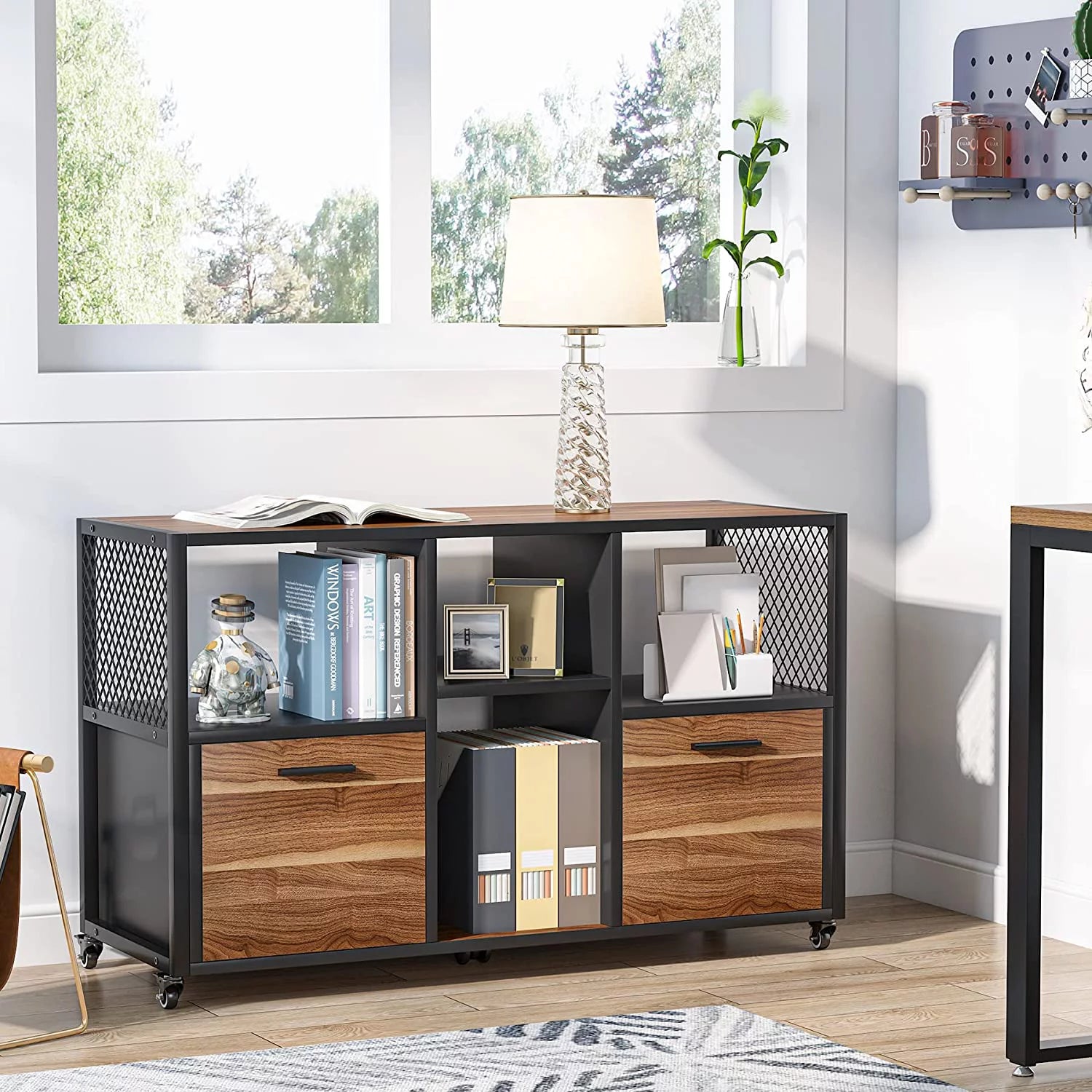 2 Drawer Wood File Cabinet, Mobile Lateral Filing Cabinet, Rustic Brown B224900