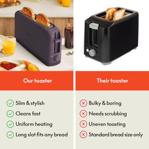 2 Slice Slim Toaster with 6 Shade Settings, Long Slot, Removable Crumb Tray R654