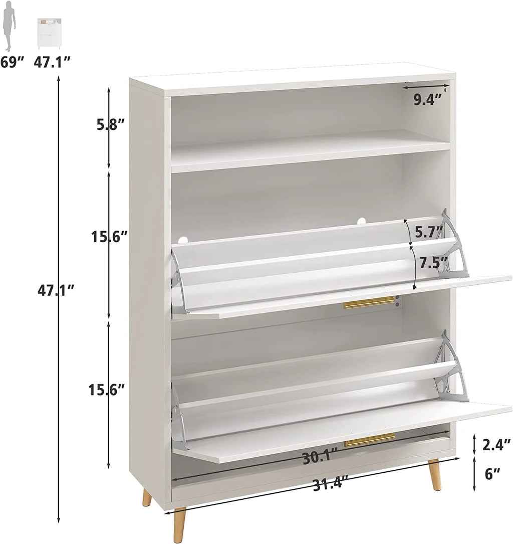 Slim Shoe Cabinet with 2 Flip Drawers for Entryway, White Z571