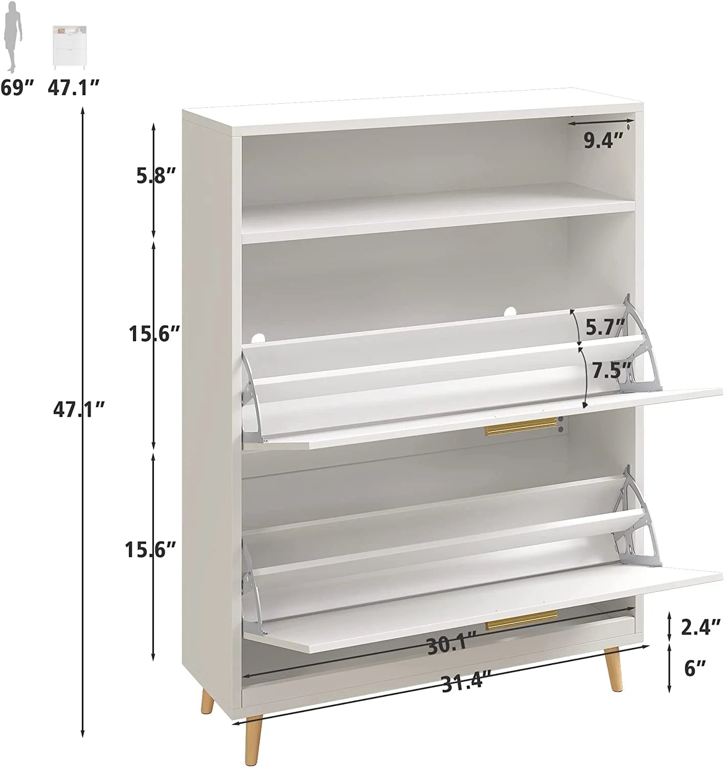 Slim Shoe Cabinet with 2 Flip Drawers for Entryway, White Z571