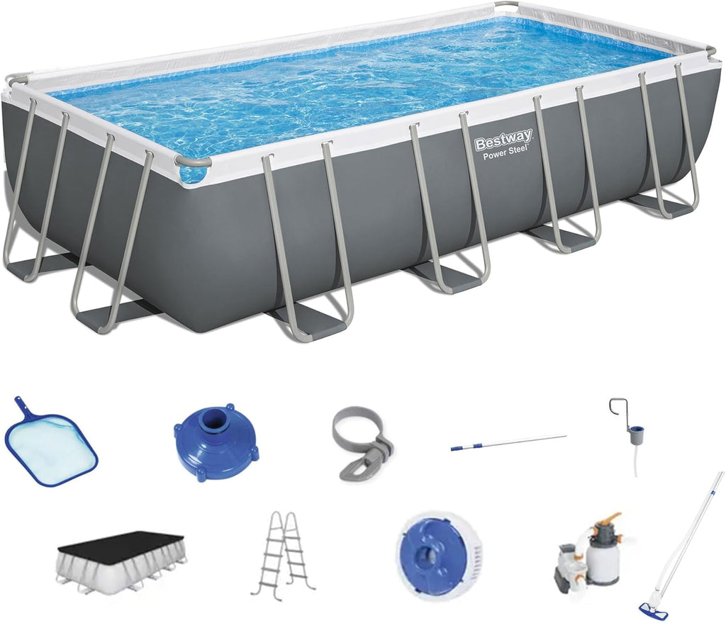 Bestway Power Steel 18' x 9' x 48" Rectangular Above Ground Swimming Pool Set Metal Frame Family Pool with Sand Filter Pump, Skimmer, and Vacuum,White
