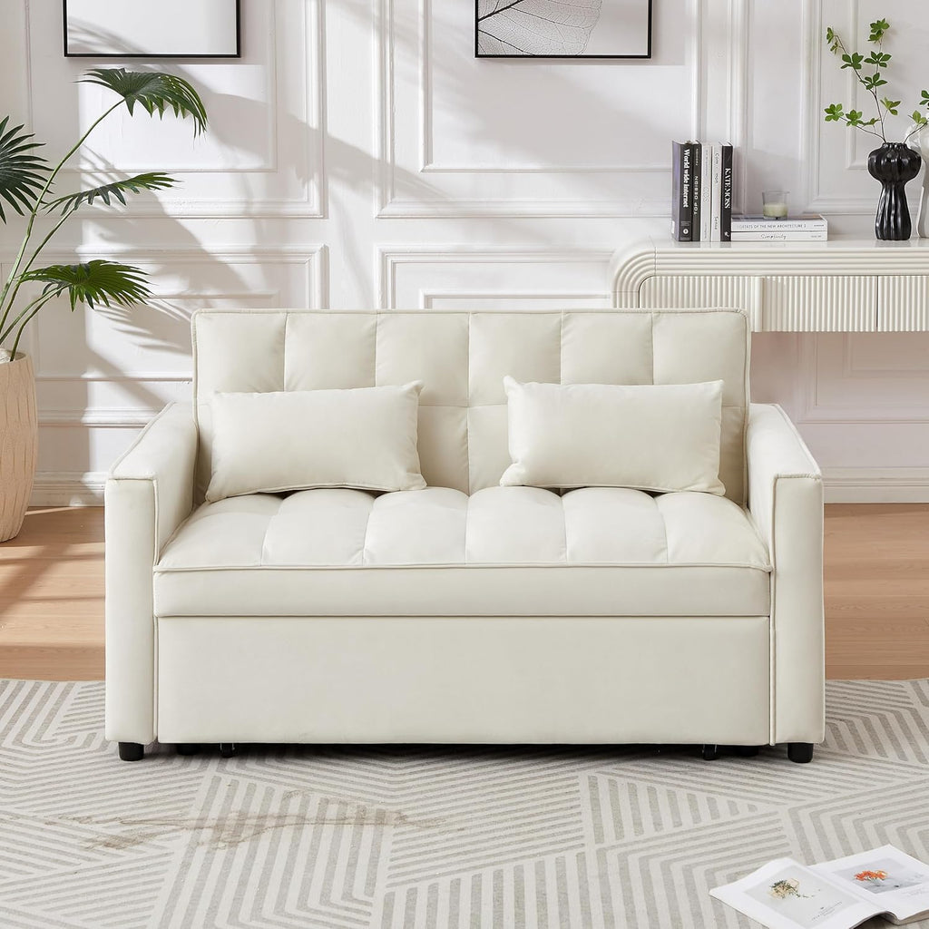Convertible Loveseat Sleeper Sofa with Adjustable Backrest and Pull-Out Bed, Ivory G5626