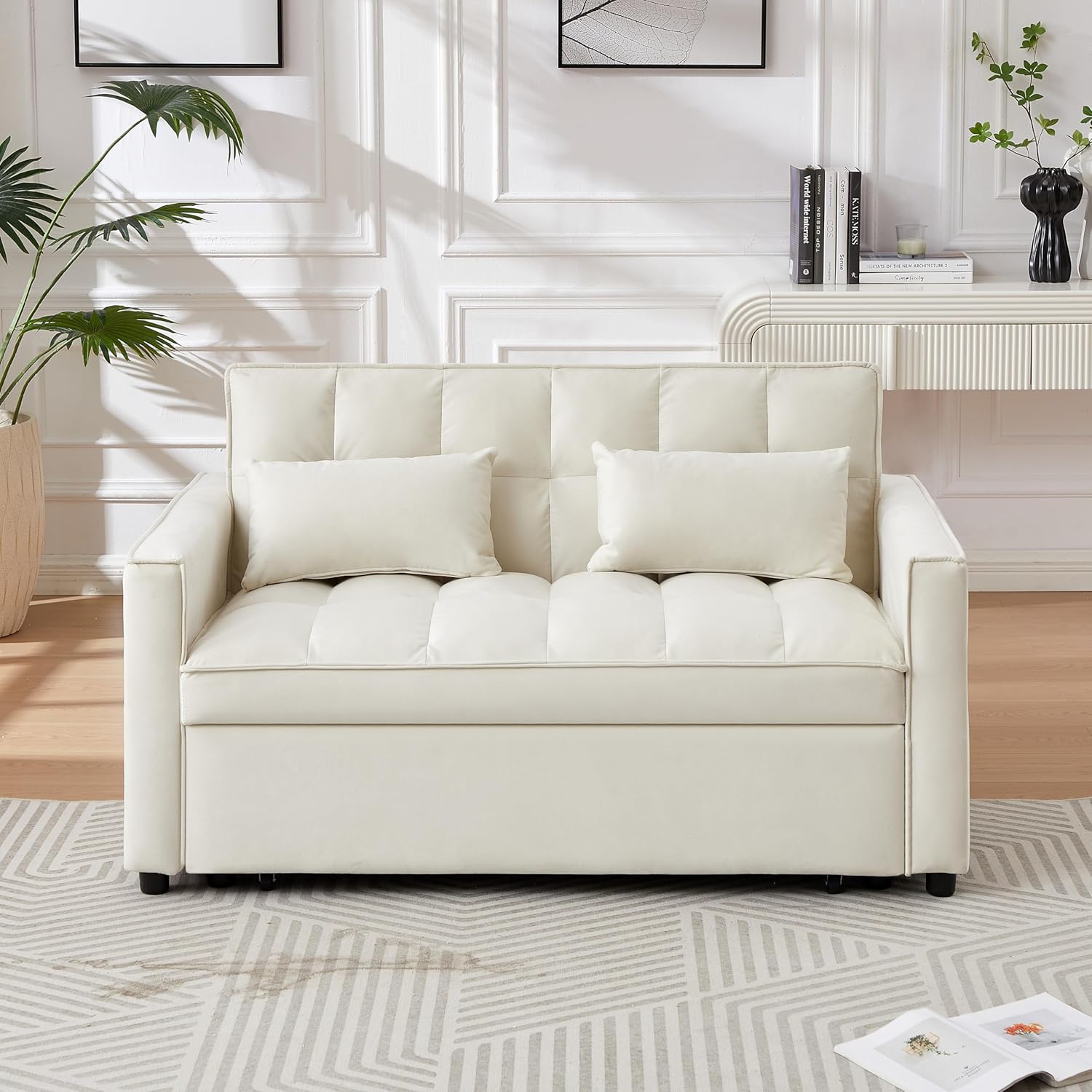Convertible Loveseat Sleeper Sofa with Adjustable Backrest and Pull-Out Bed, Ivory G5626