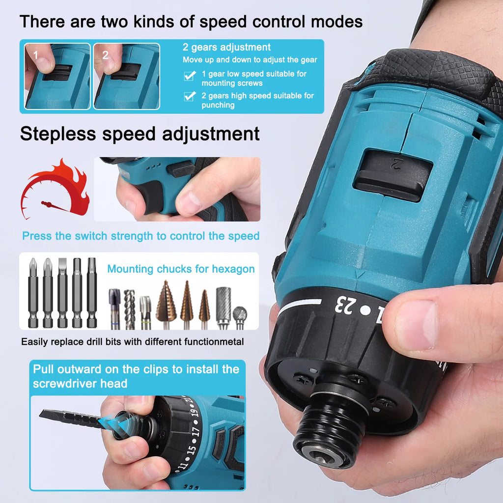 18V Electric Screwdriver, Torque Adjustable 2 Speed, Brushless Motor Repair Tool Kit R348620