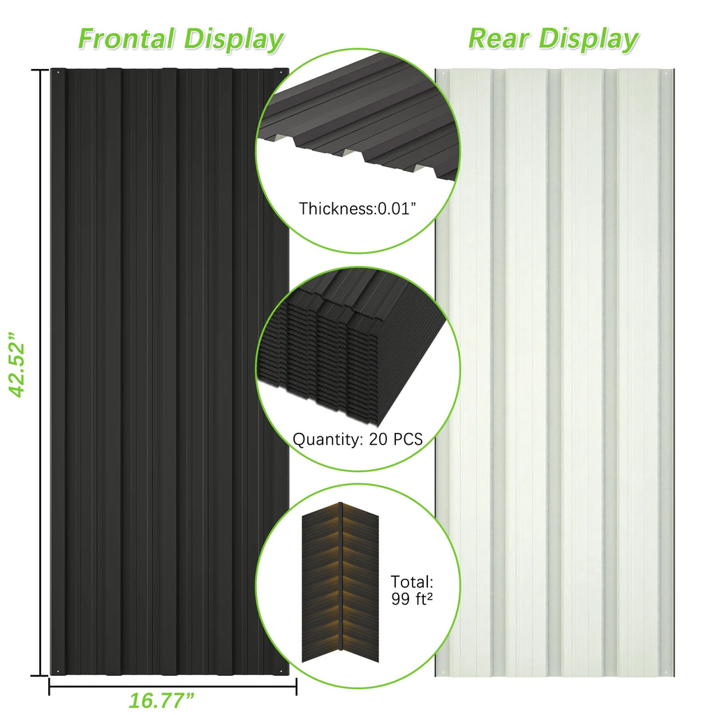 20 Pcs Galvanized Metal Roof Panels, Black W710405
