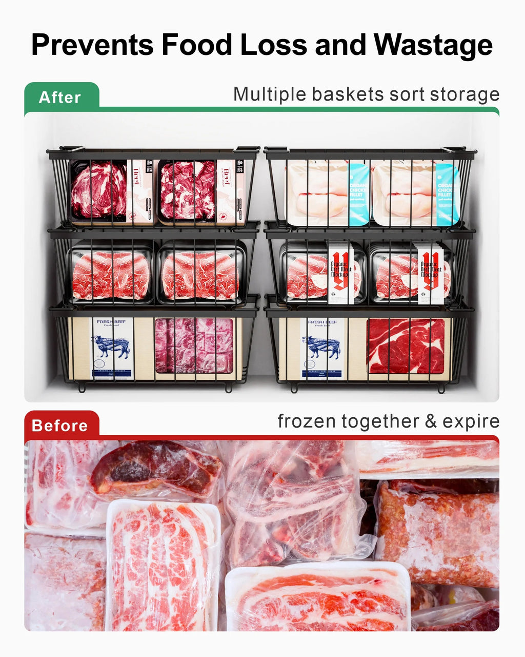 Chest Freezer Baskets 5 Pack Wire Storage Baskets for 7 Cu.FT Deep Freezer Stackable Organizer Bins with Fold-down Handles Black D172292