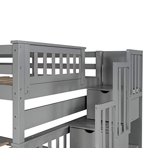 Twin Over Twin/Full Bunk Bed with Trundle and Drawers, Solid Wood Staircase T72769