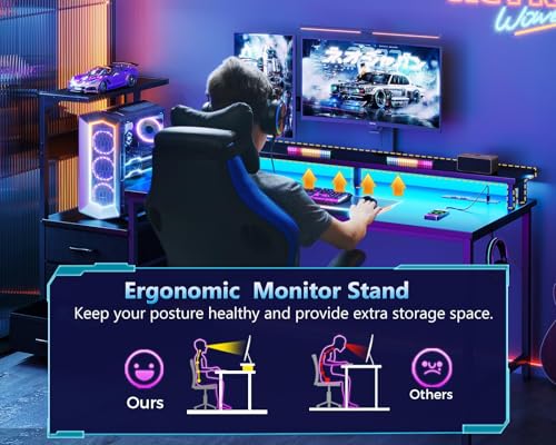 Gaming Desk with USB Charging Ports & LED Light, Reversible Computer Desk with Storage Shelves T781