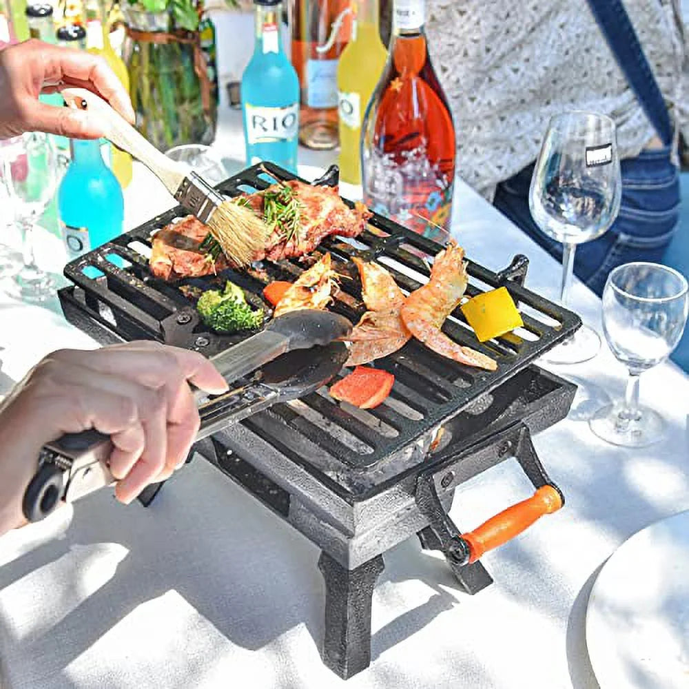 Small Cast Iron Charcoal Grill Stove with Gridiron, Tabletop BBQ Grill for Outdoor Cooking Q441