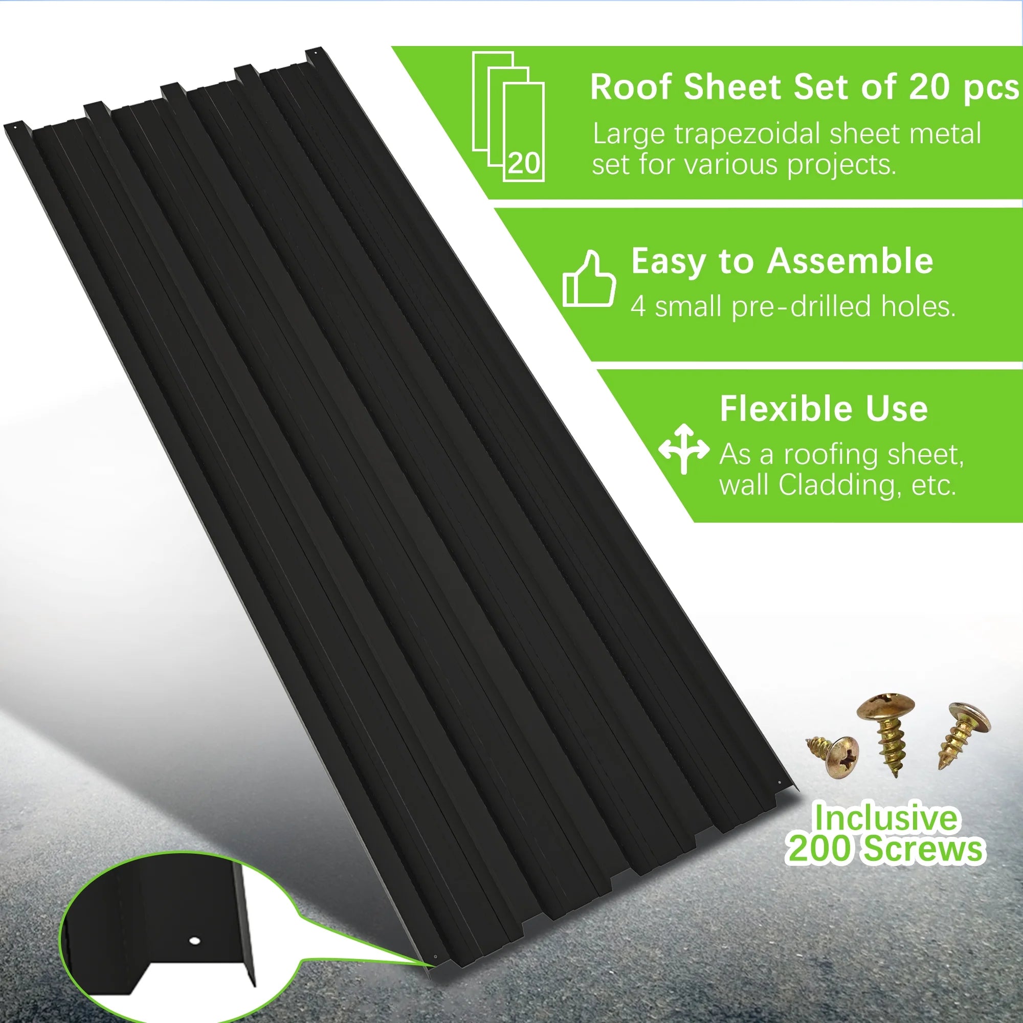 20 Pcs Galvanized Metal Roof Panels, Black W710405