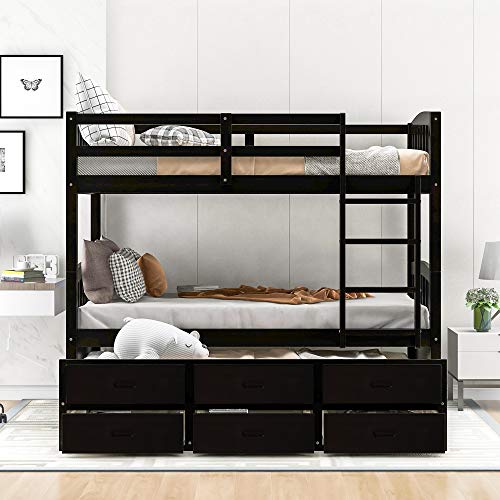 Twin Over Twin Bunk Bed with Storage Drawers and Trundle, Solid Wood Frame G366