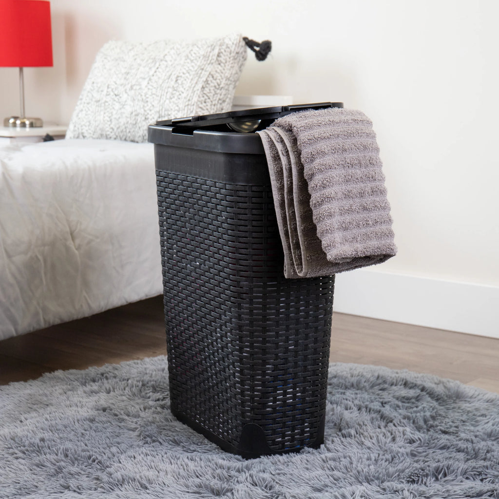 Slim Laundry Hamper with Lid, Wicker Design, Set of 2 L9373