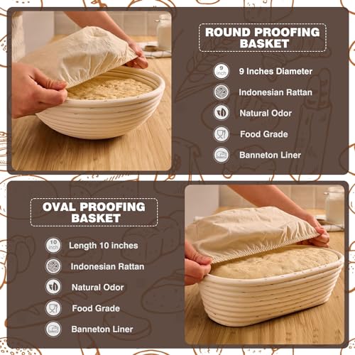 Bread Proofing Basket Set with Linen Liner, Dough Scraper and Whisk Y326