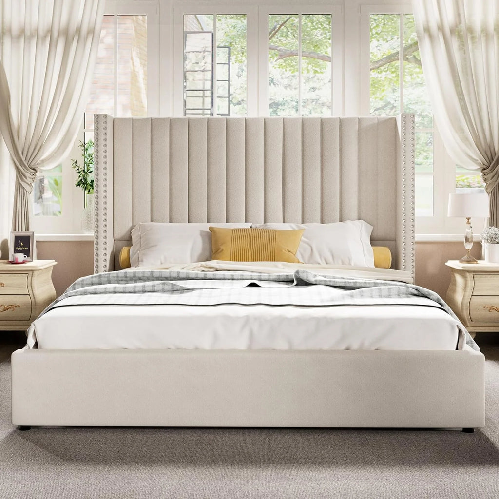 Queen Bed Frame Lift Up Storage Bed, Velvet Upholstered with Wingback Headboard W92086