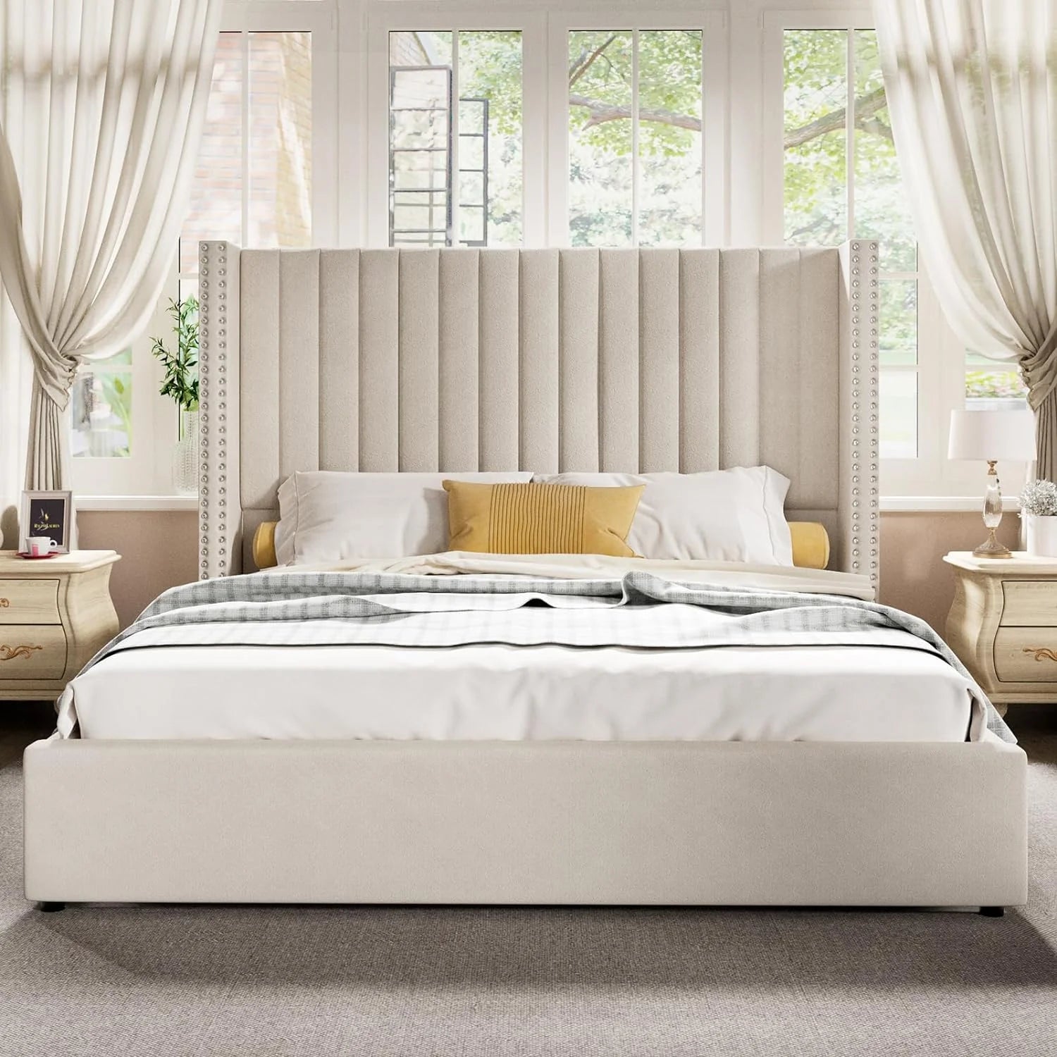 Queen Bed Frame Lift Up Storage Bed, Velvet Upholstered with Wingback Headboard W92086