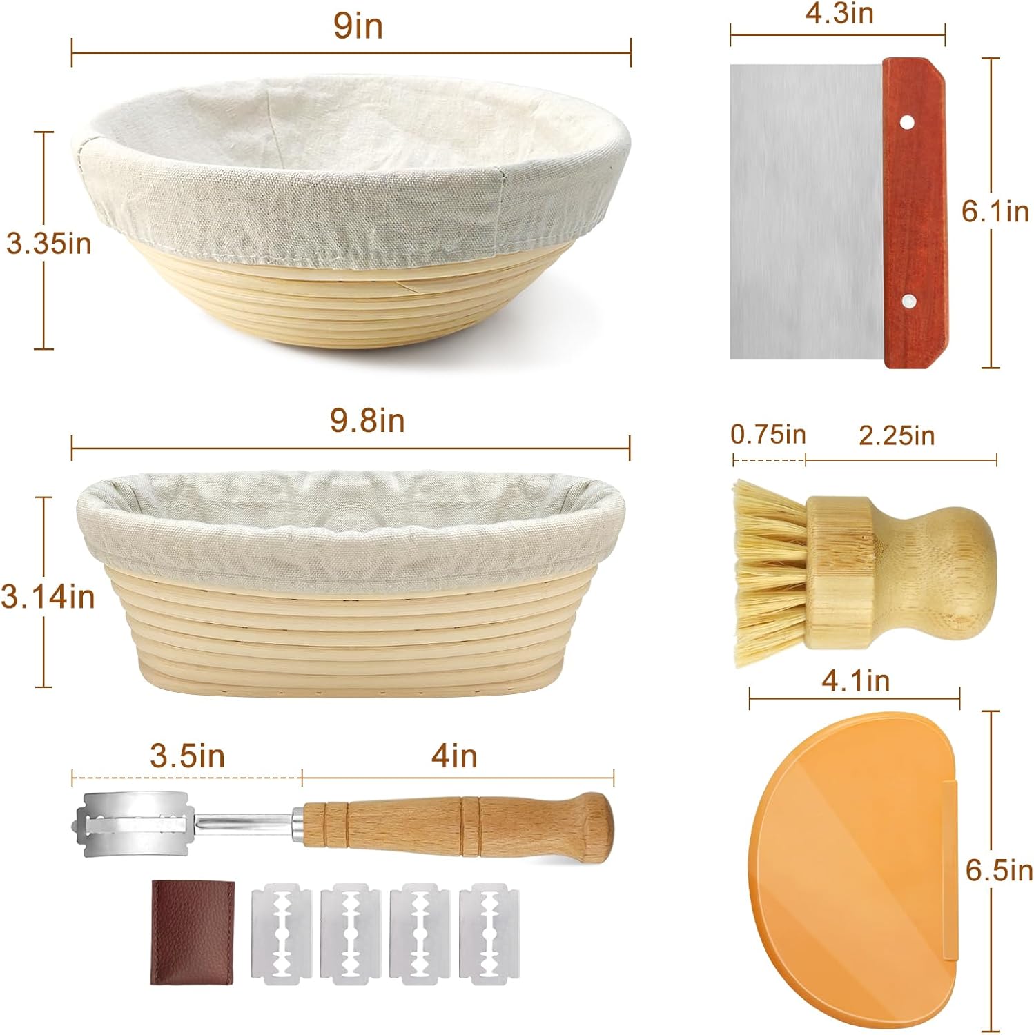 Sourdough Bread Proofing Basket Set with Liner, Lame, Dough Scraper and Brush H3812