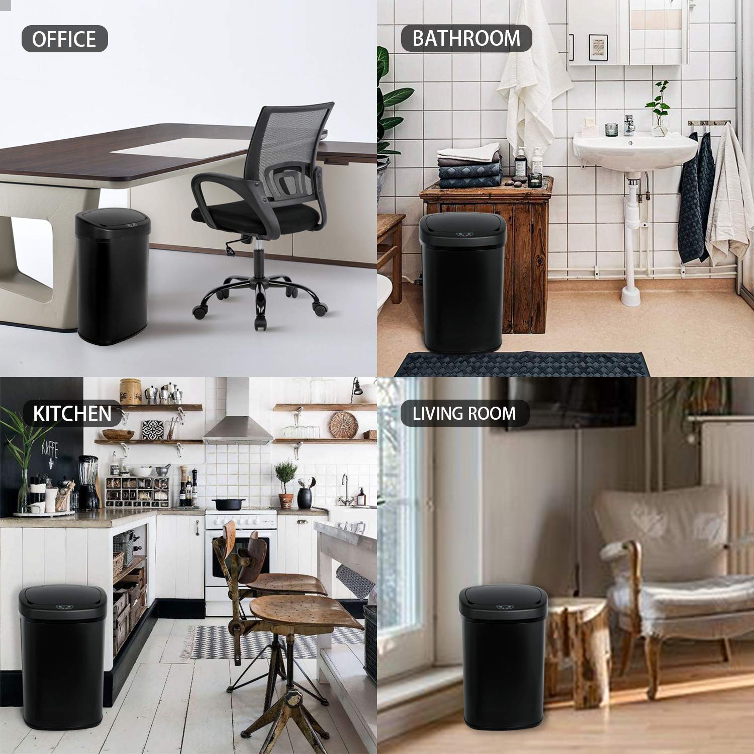 13 Gallon Black Stainless Steel Touch-Free Sensor Trash Can with Lid L921