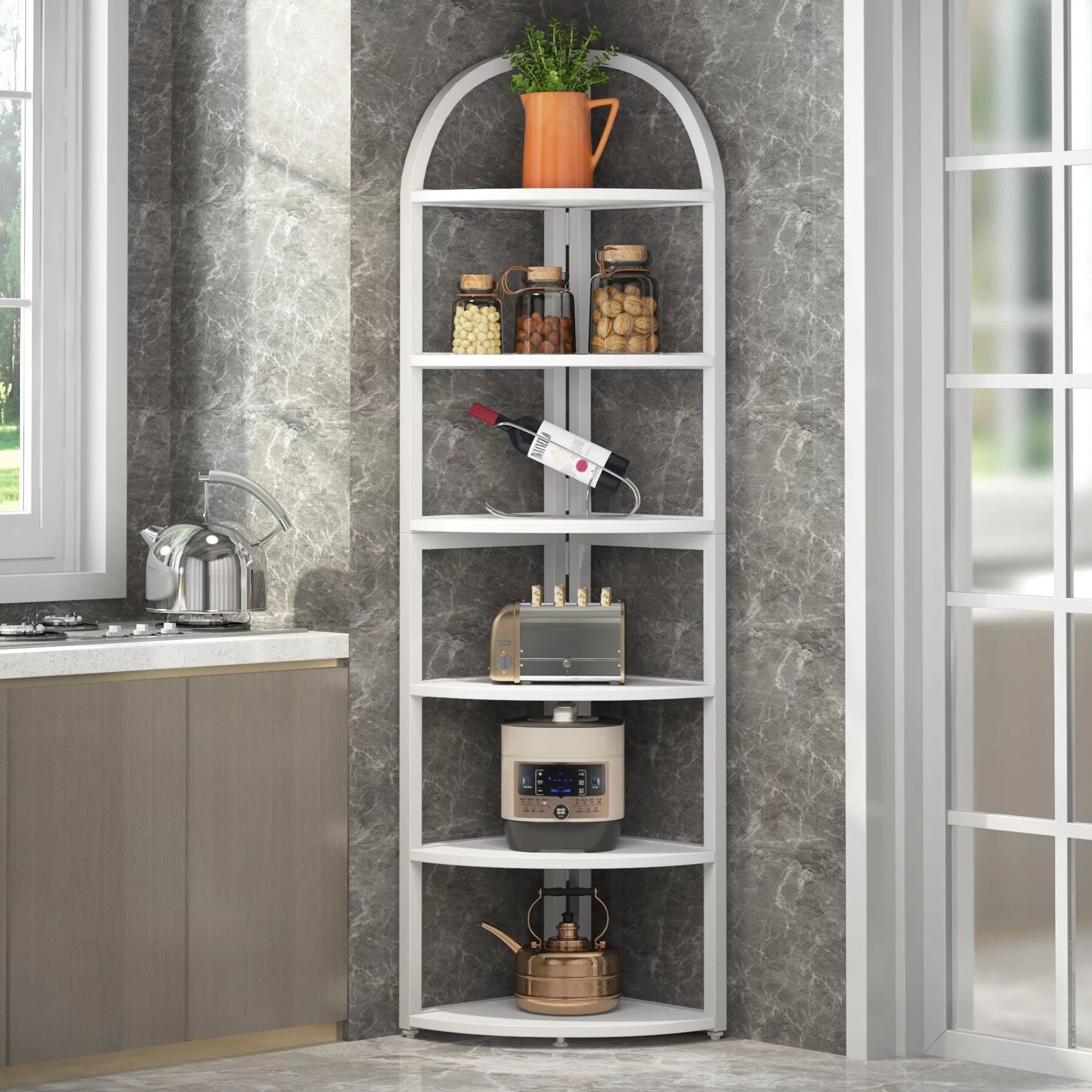 Corner Shelf Bookshelf Plant Stand, Rustic Brown Wood Finish U64415