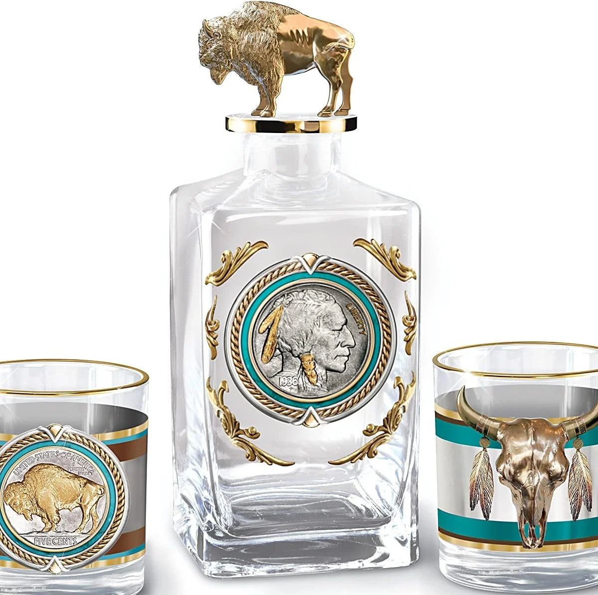 Western Buffalo Nickel Decanter and Glass Set, 5 Pieces with Gold Rims B344