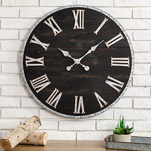 28 Inch Distressed Black Wall Clock Silent Non-Ticking Roman Numerals O2954