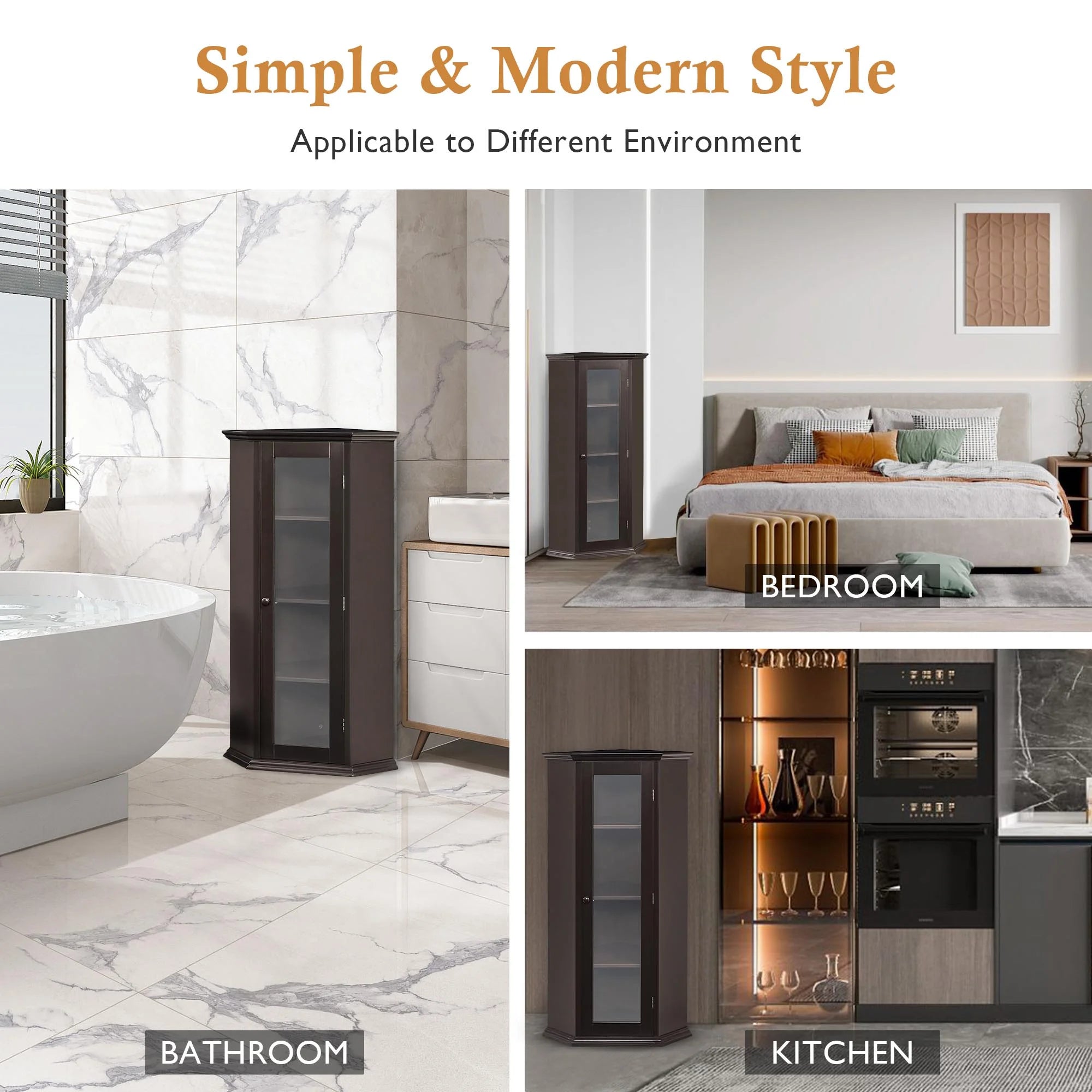 Freestanding Bathroom Cabinet with Glass Door, Corner Storage W61167