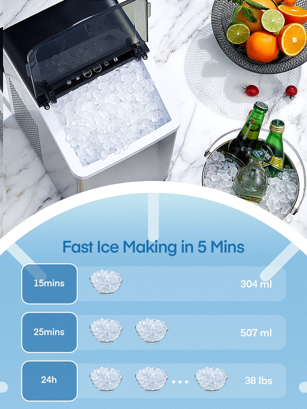 Nugget Ice Maker Countertop, Self-Cleaning, Stainless Steel, Portable with Ice Scoop and Basket S569181