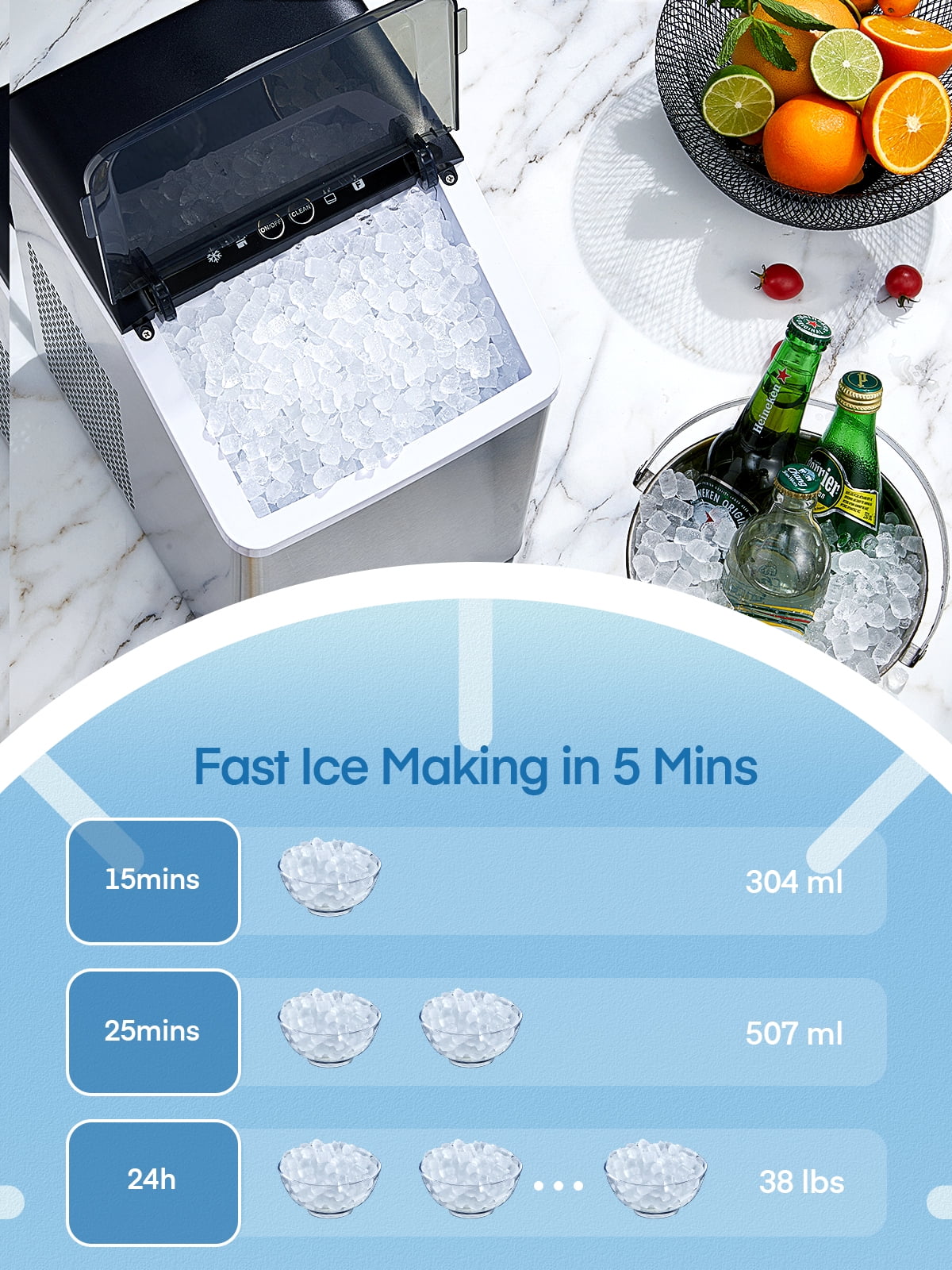 Nugget Ice Maker Countertop, Self-Cleaning, Stainless Steel, Portable with Ice Scoop and Basket S569181