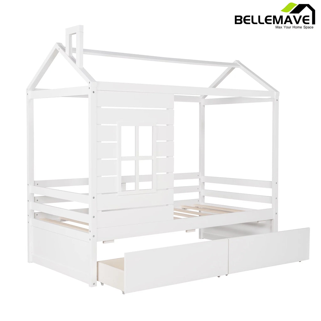 Twin Size House Bed with Drawers and Guard Rails O549