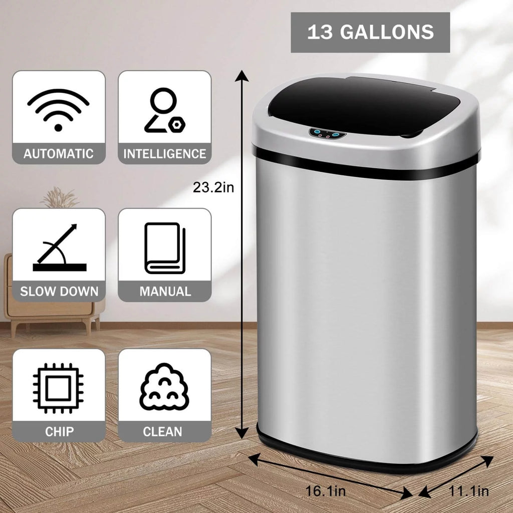 Kitchen Trash Can with Lid, 13 Gallon Stainless Steel, Motion Sensor, Silver Q1003