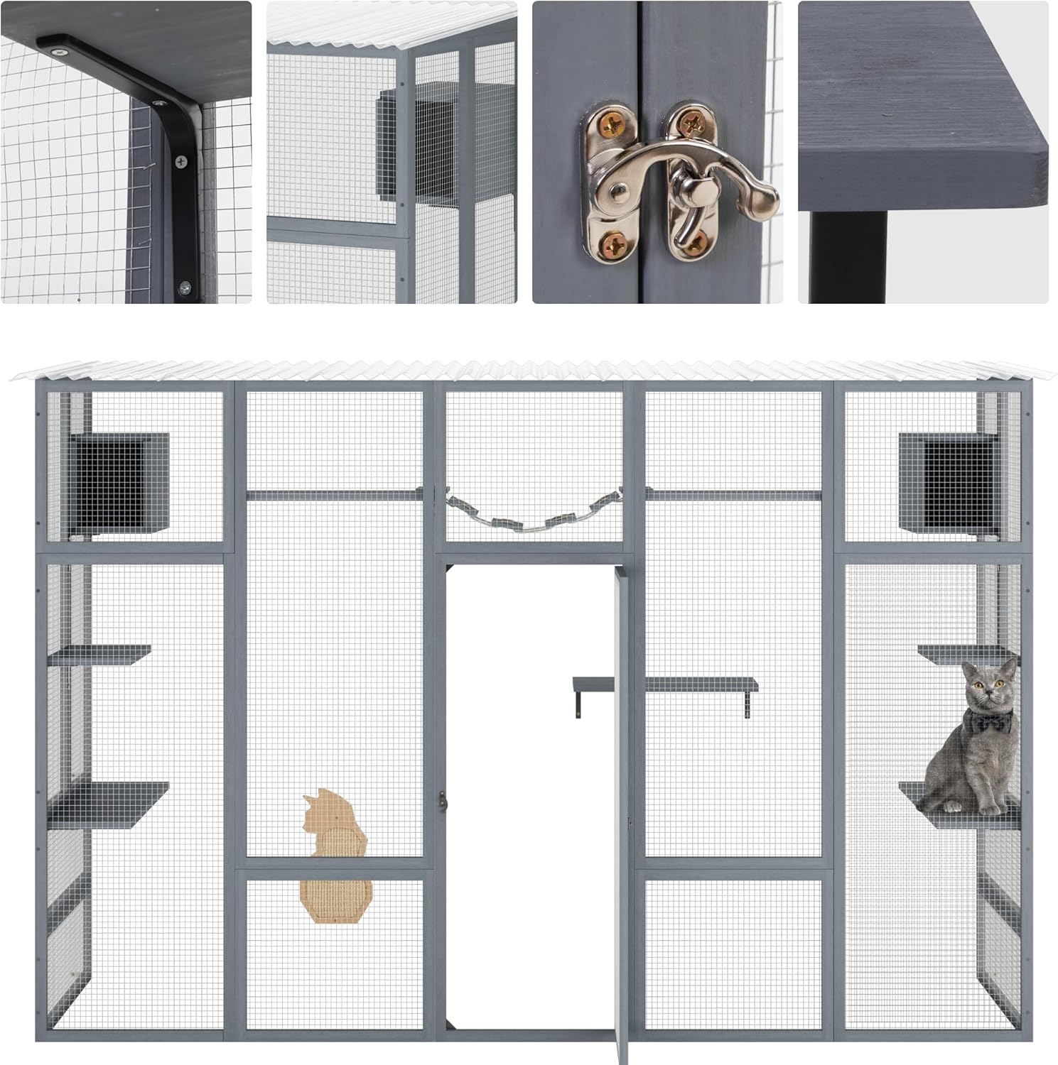 Outdoor Cat Enclosure with Weather Protection Roof, Grey M614