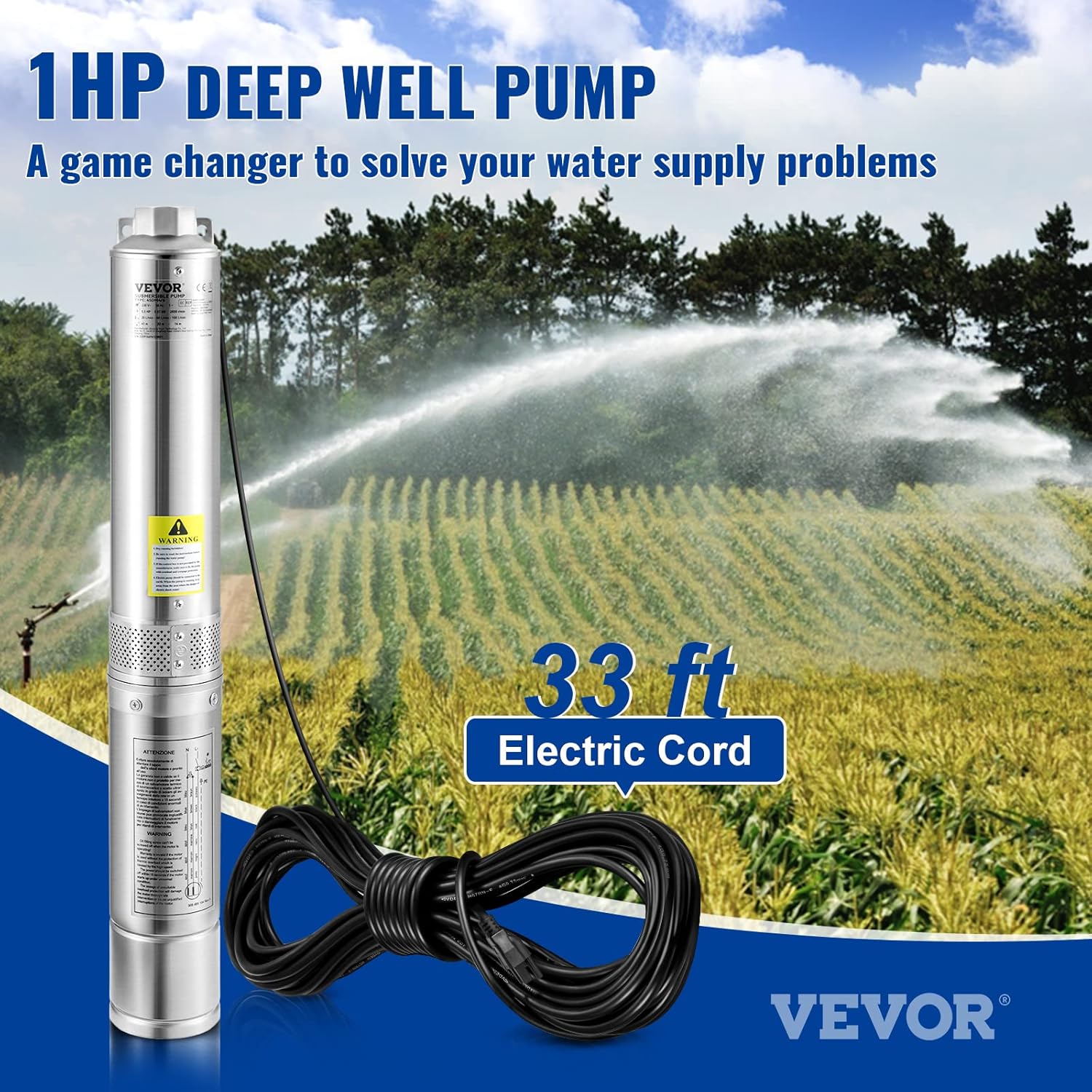 Deep Well Submersible Pump, 1HP 37GPM 207ft, Stainless Steel N18225