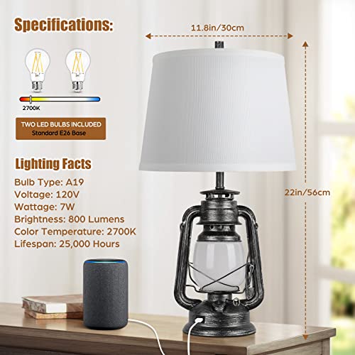 Set of 2 Farmhouse Table Lamps, 3-Way Dimmable Touch with USB Port, LED Bulbs Included P154