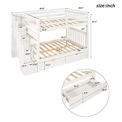 Twin Over Twin/Full Bunk Bed with Trundle and Drawers, Solid Wood Staircase T72769
