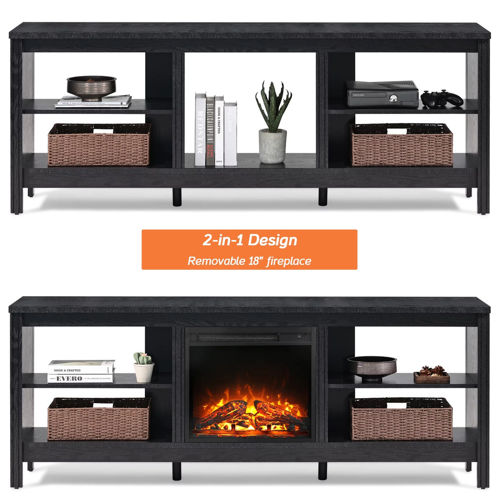 Wood Entertainment Center for TVs up to 80 Inch with Electric Fireplace, Black W2403