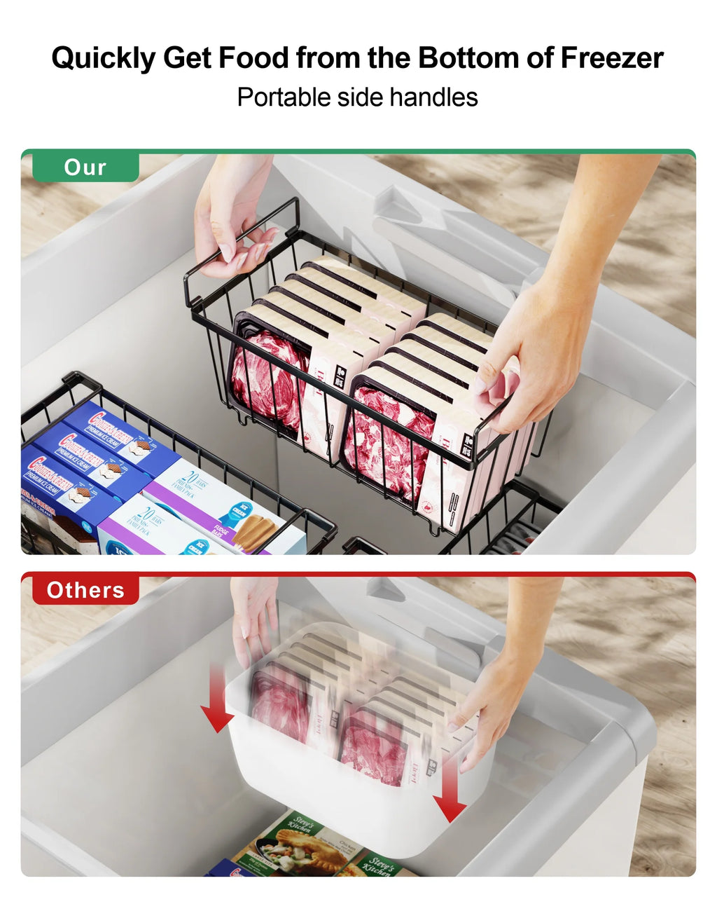 Chest Freezer Baskets 5 Pack Wire Storage Baskets for 7 Cu.FT Deep Freezer Stackable Organizer Bins with Fold-down Handles Black D172292