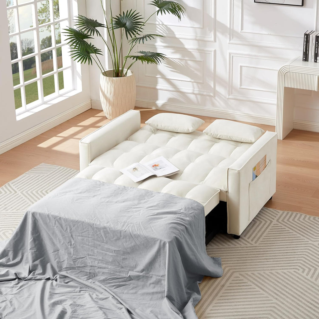 Convertible Loveseat Sleeper Sofa with Adjustable Backrest and Pull-Out Bed, Ivory G5626
